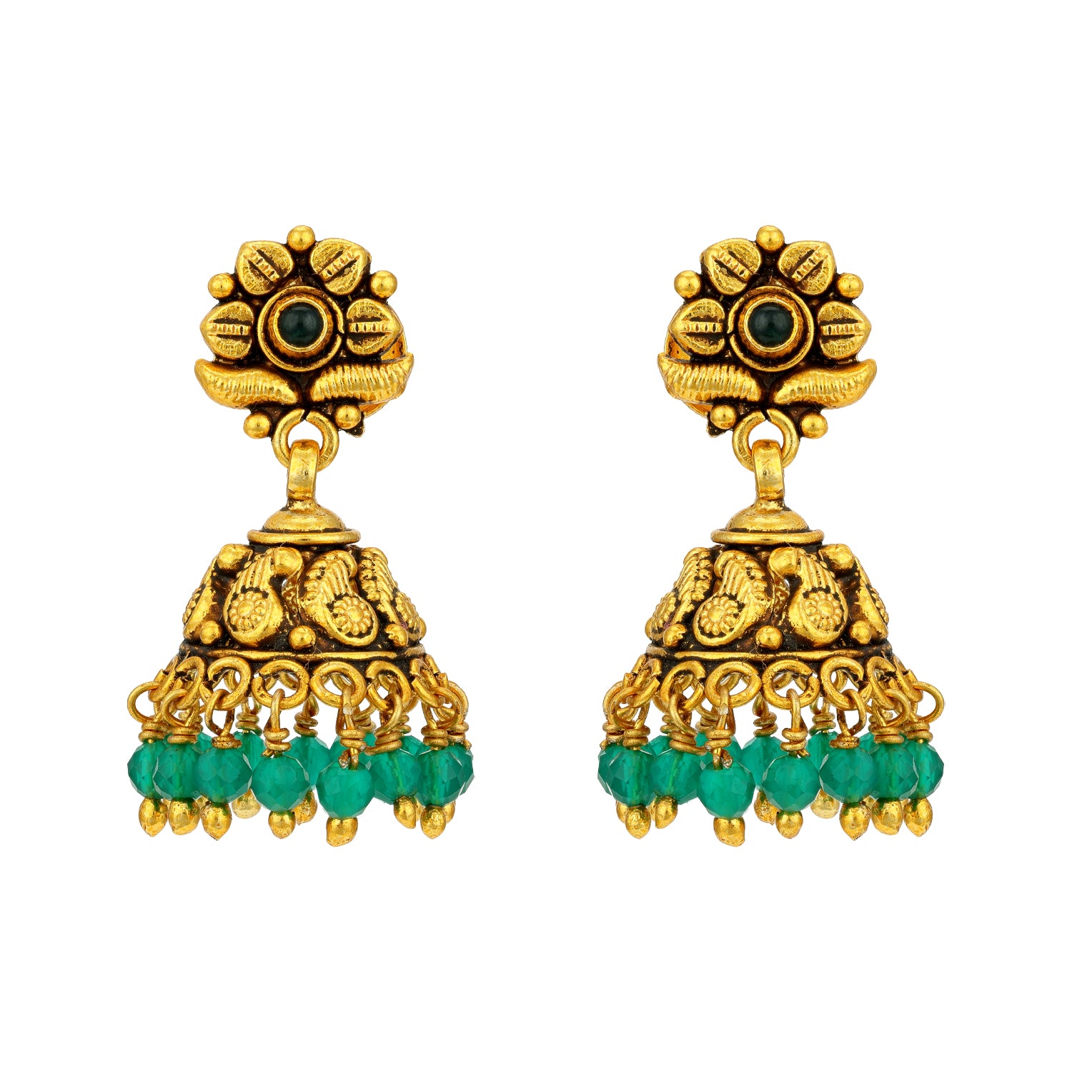 Traditional Gold Toned Paisley Pattern 925 Sterling Silver Green Drop Jhumka for Women