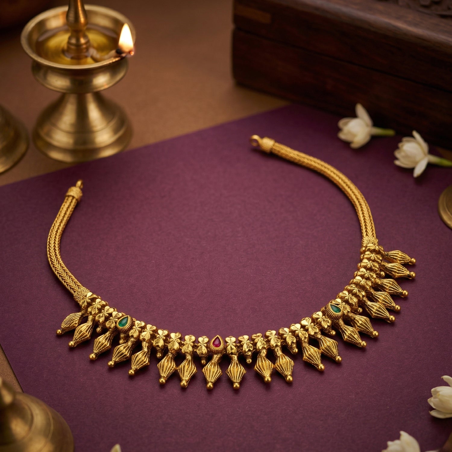 Traditional Jasmine Bud Cluster Drop 925 Sterling Silver Gold Plated Necklace for Women