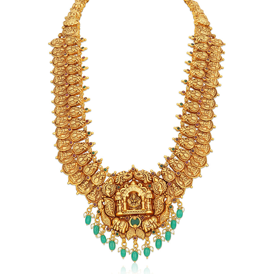 Traditional Lakshmi Centered Kasu Mala 925 Sterling Silver Haram for Women