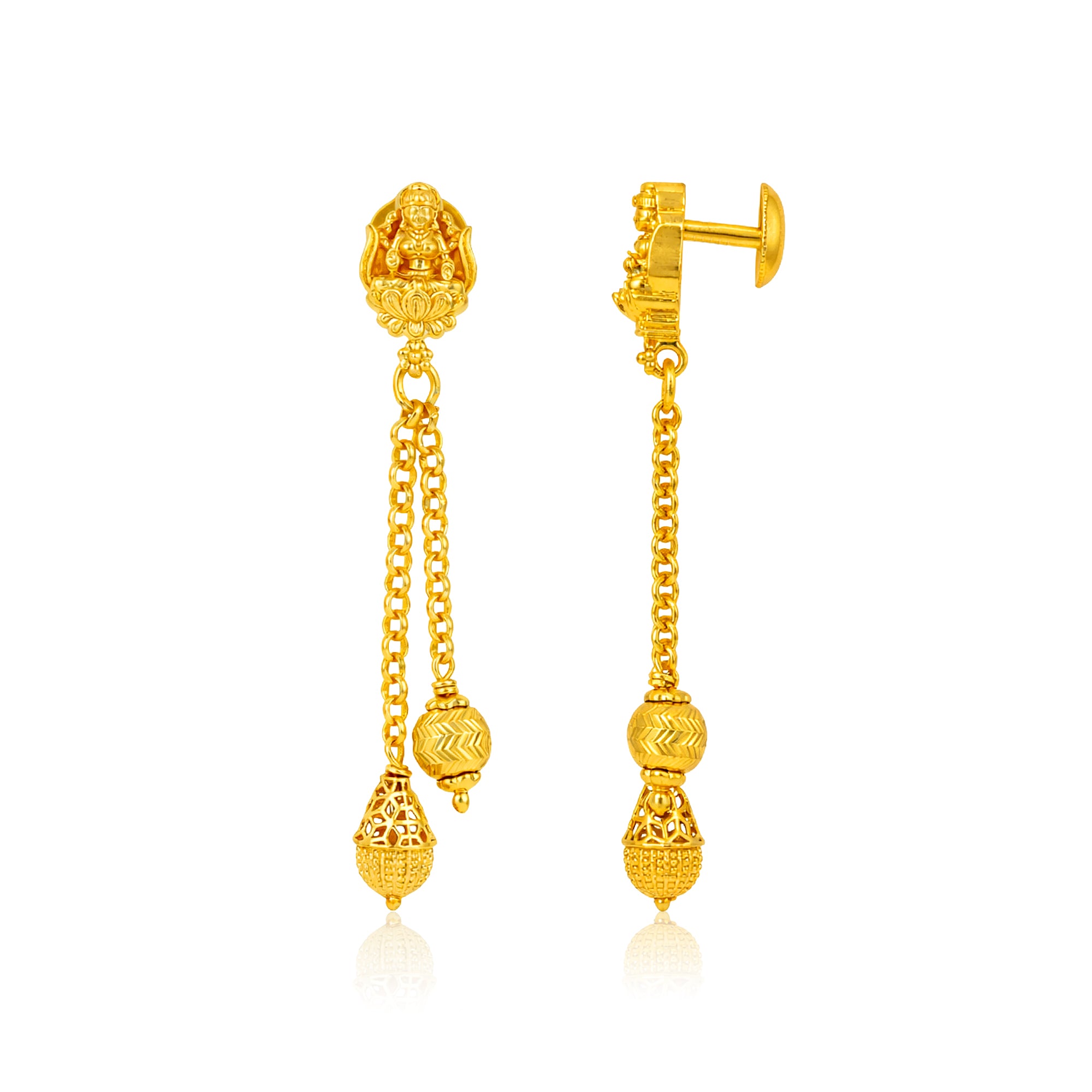 Traditional Lakshmi Chain Dangling 925 Sterling Silver Gold Plated Earring for Women