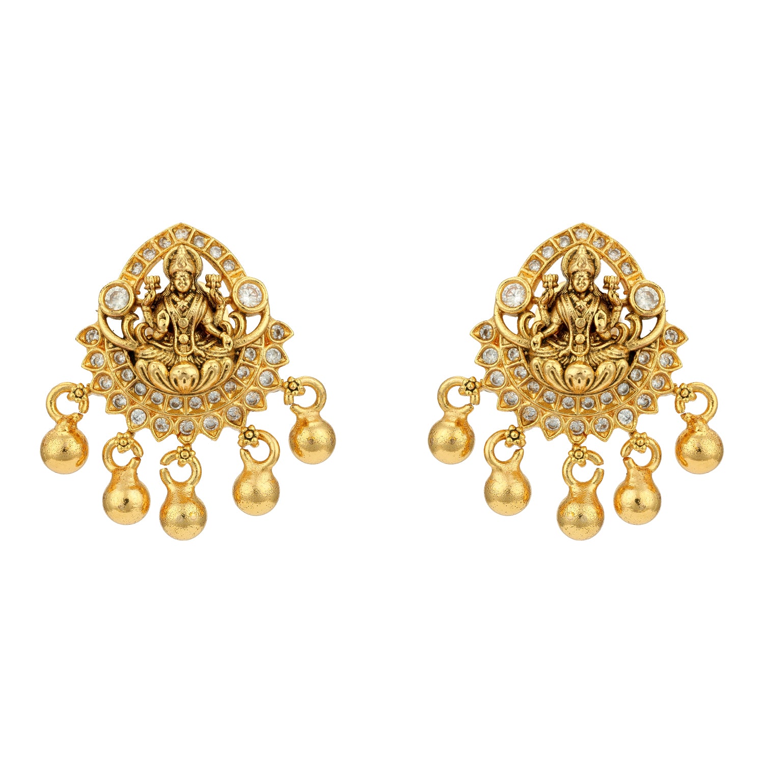 Traditional Lakshmi Devi CZ Frame 925 Sterling Silver Gold Drop Earring for Women