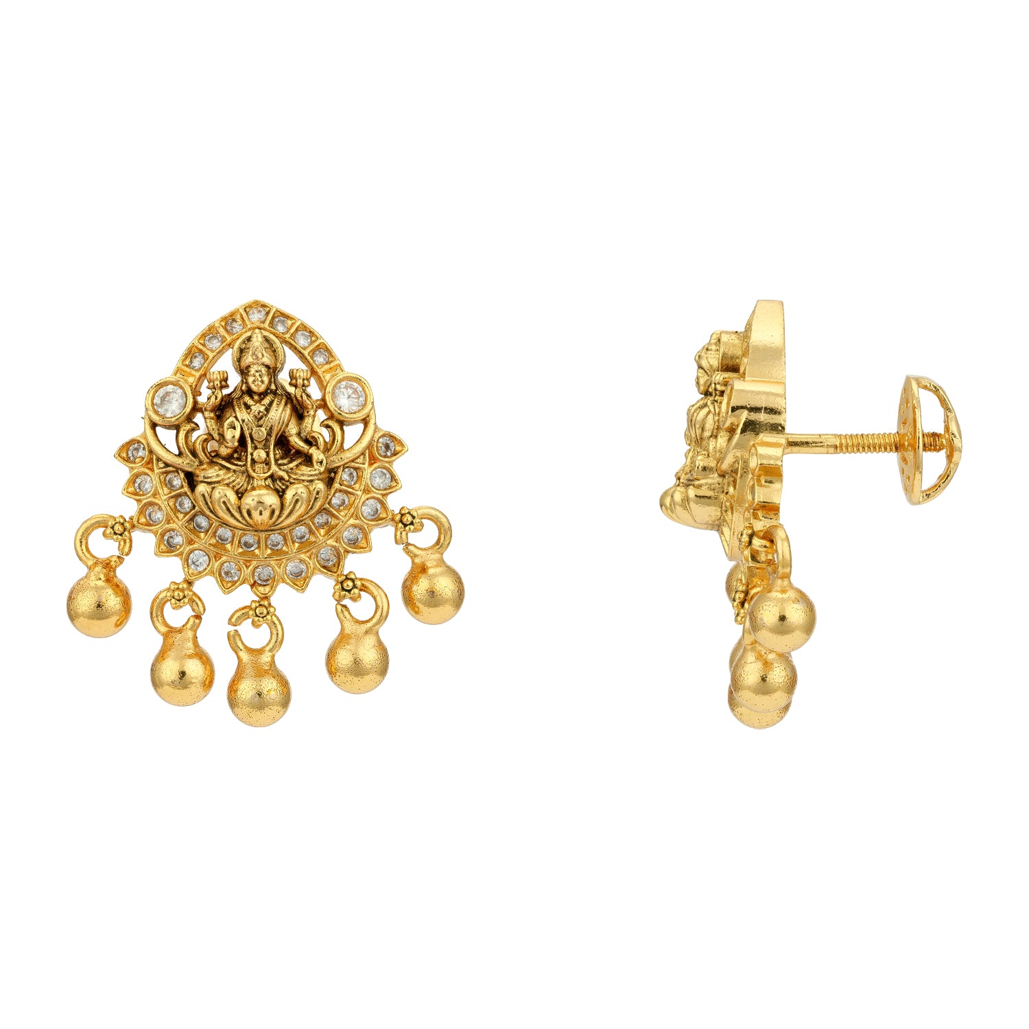 Traditional Lakshmi Devi CZ Frame 925 Sterling Silver Gold Drop Earring for Women