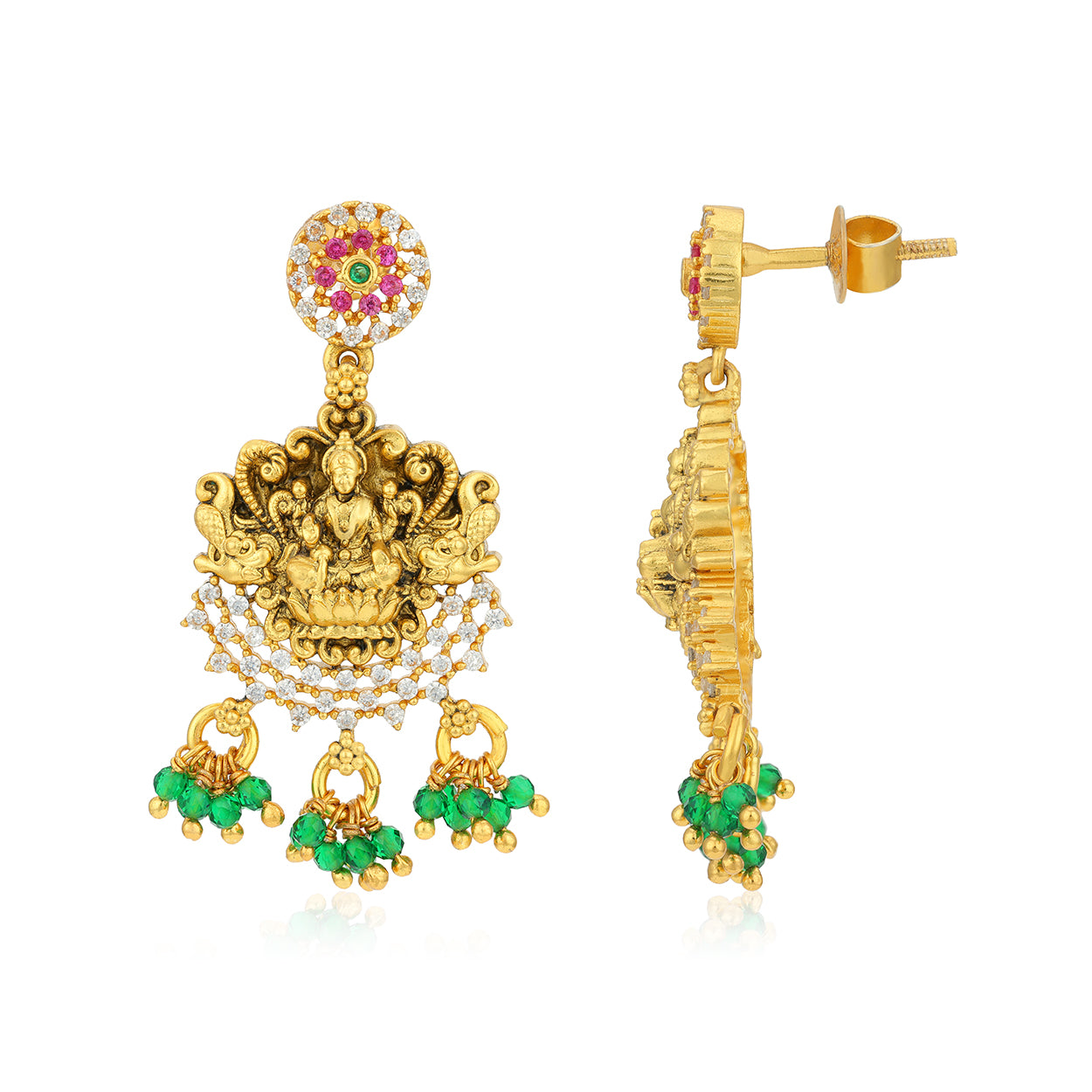Gold earrings with green and red gemstones on a white background