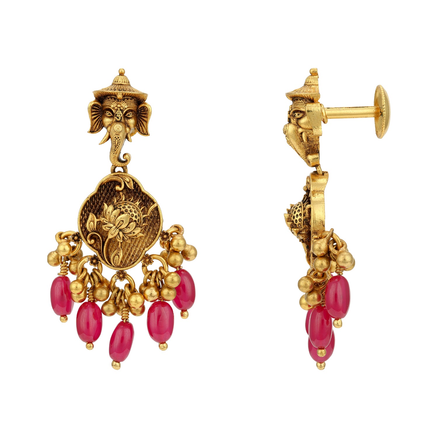 Traditional Lord Ganesha Lotus Motif 925 Sterling Silver Pink Drop Earring for Women