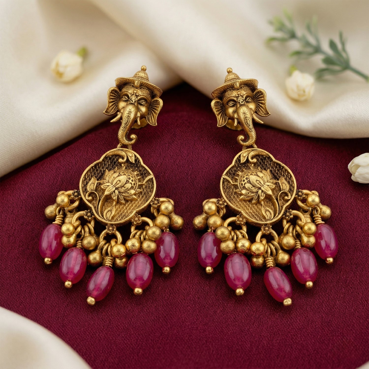 Traditional Lord Ganesha Lotus Motif 925 Sterling Silver Pink Drop Earring for Women