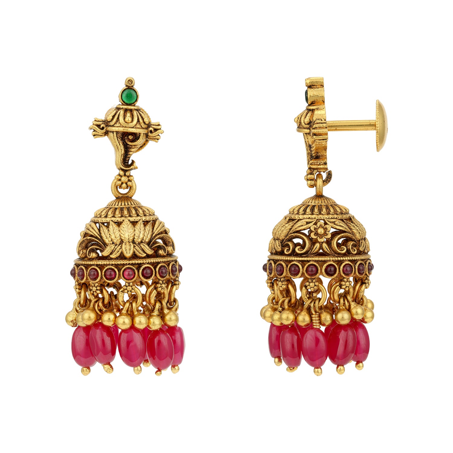 Traditional Lotus Motif 925 Sterling Silver Pink Drop Jhumka for Women