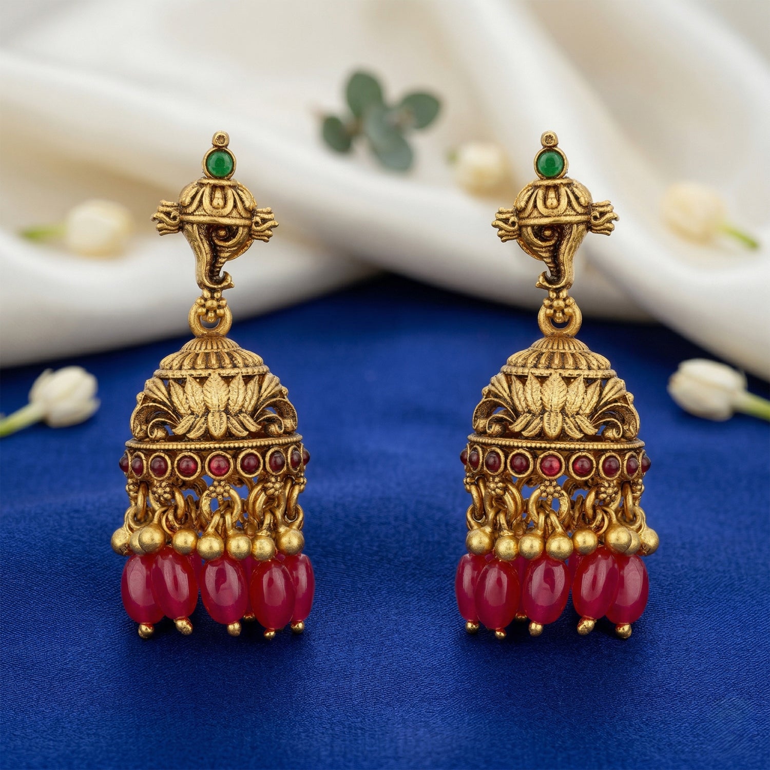 Traditional Lotus Motif 925 Sterling Silver Pink Drop Jhumka for Women
