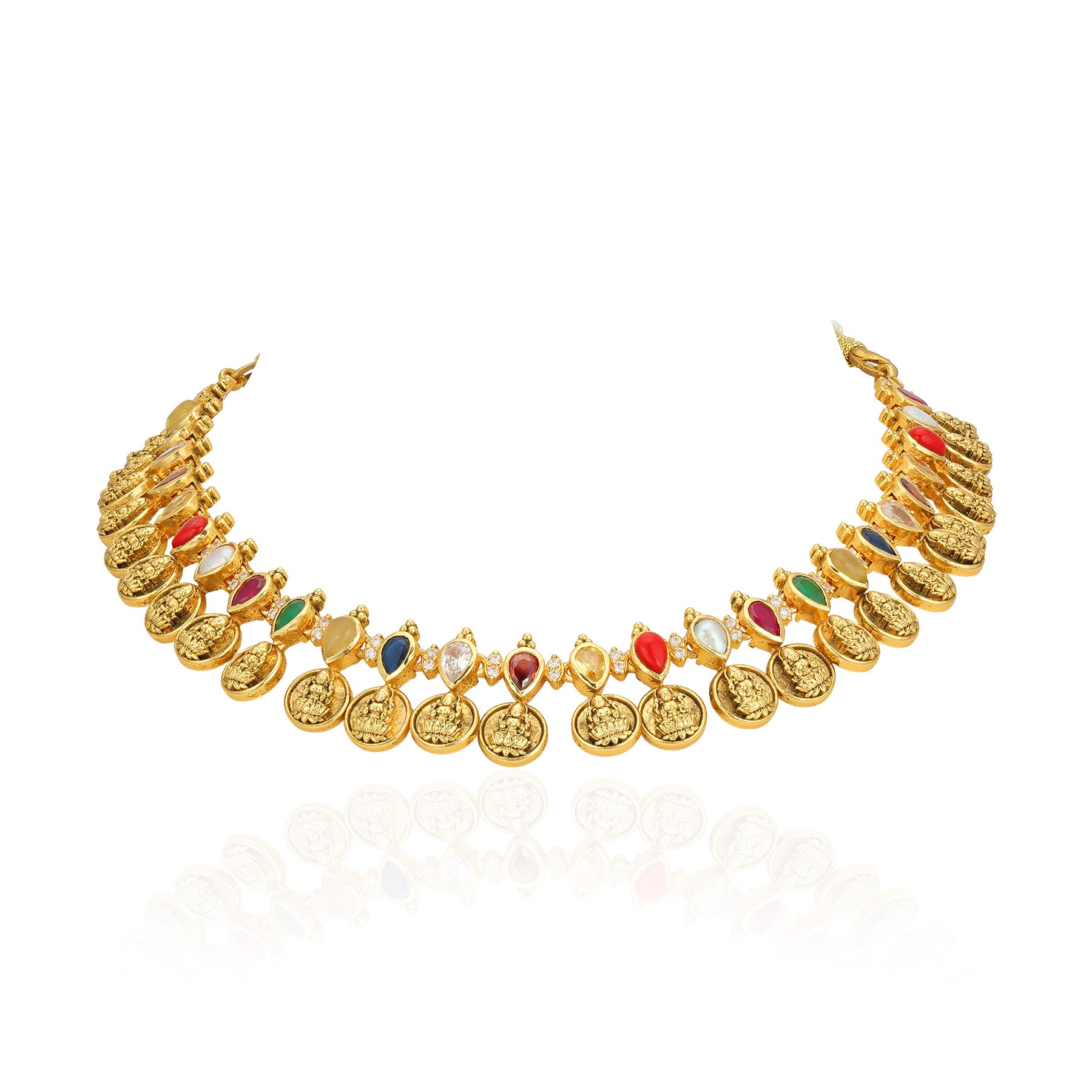 Traditional Navaratna Lakshmi Kasu Malai 925 Sterling Silver Necklace for women