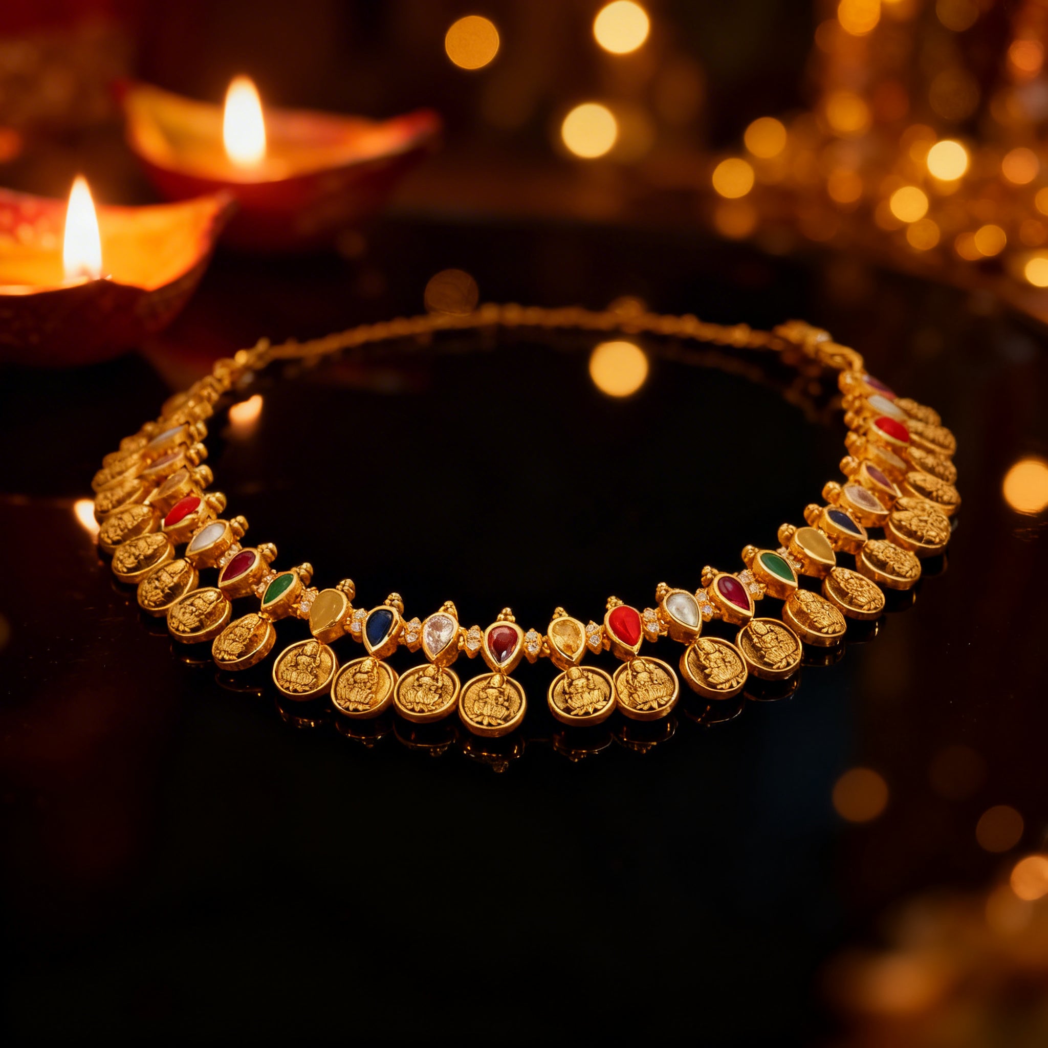 Traditional Navaratna Lakshmi Kasu Malai 925 Sterling Silver Necklace for women