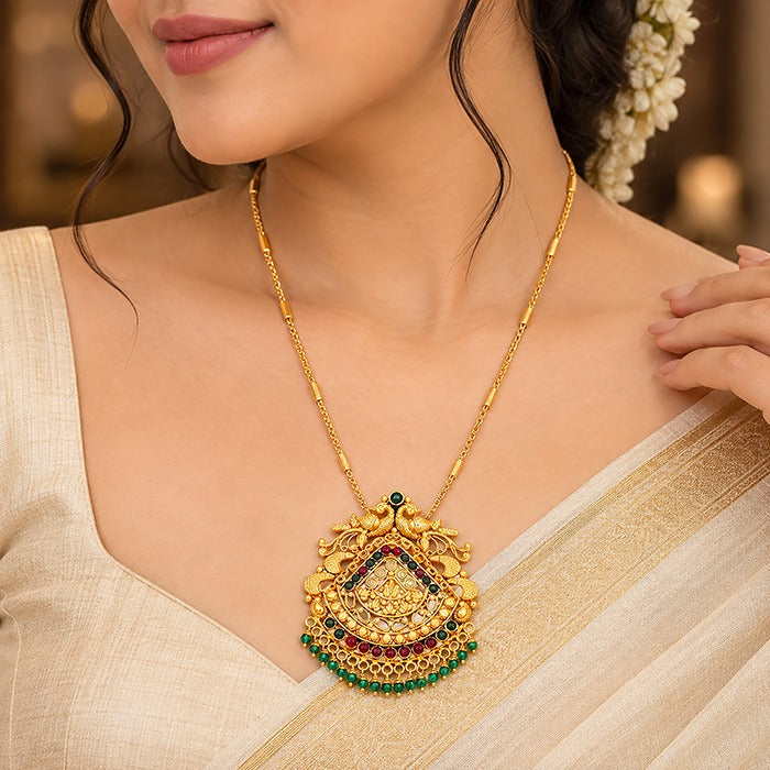 Traditional Temple Peacock Gold Plated Silver Pendant