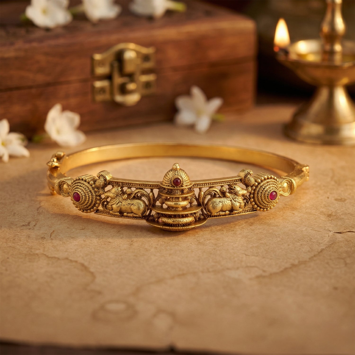 Traditional Temple Nandi Motif 925 Sterling Silver Pink Stone Kada for Women