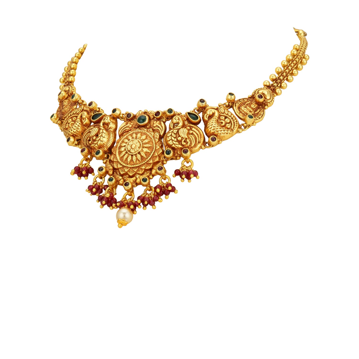 Traditional Temple Peacock Motif 925 Sterling Silver Pearl Drop Necklace for Women