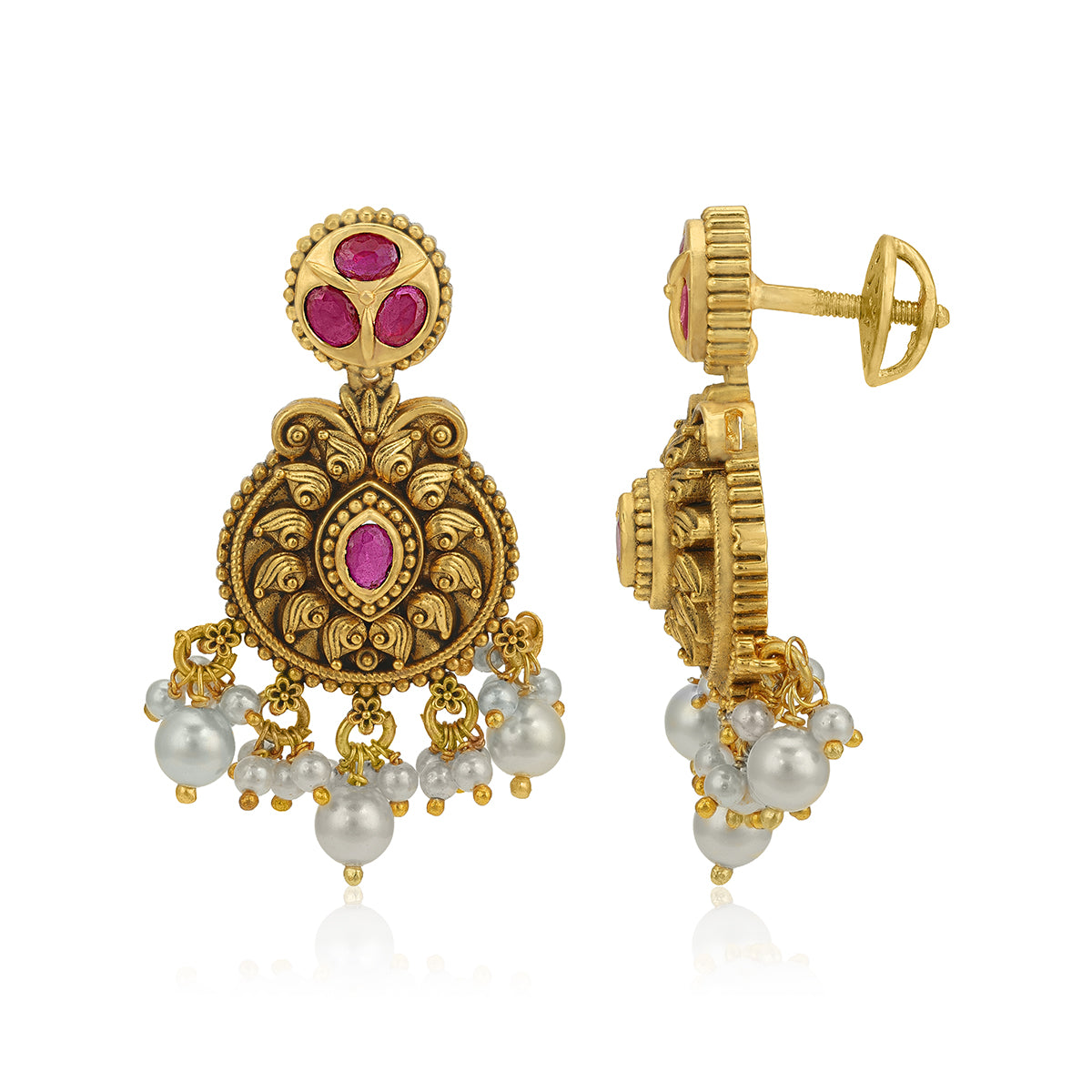 Traditional Temple Pearl Drop 925 Sterling Silver Pink Stone Earring for women