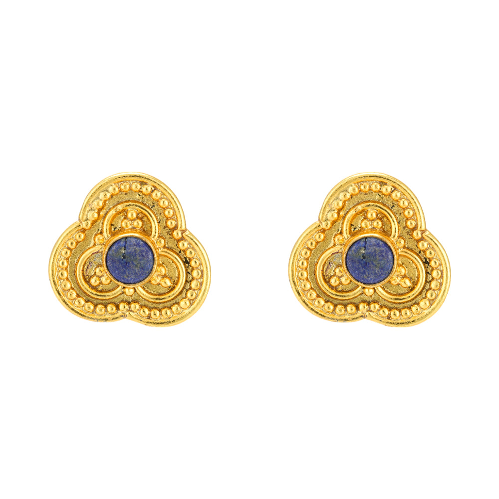 Tri Fold Petal Blue Stone 925 Gold Plated Earrings
