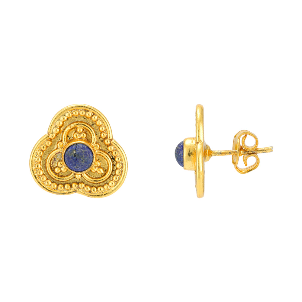 Tri Fold Petal Blue Stone 925 Gold Plated Earrings