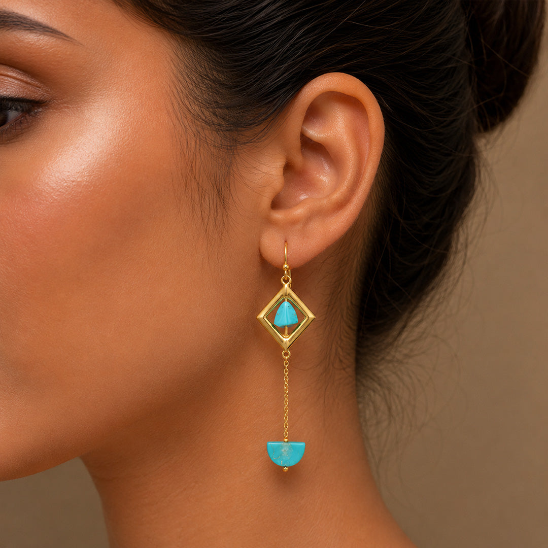 Turquoise Charm 925 Sterling Silver Chain Drop Earrings