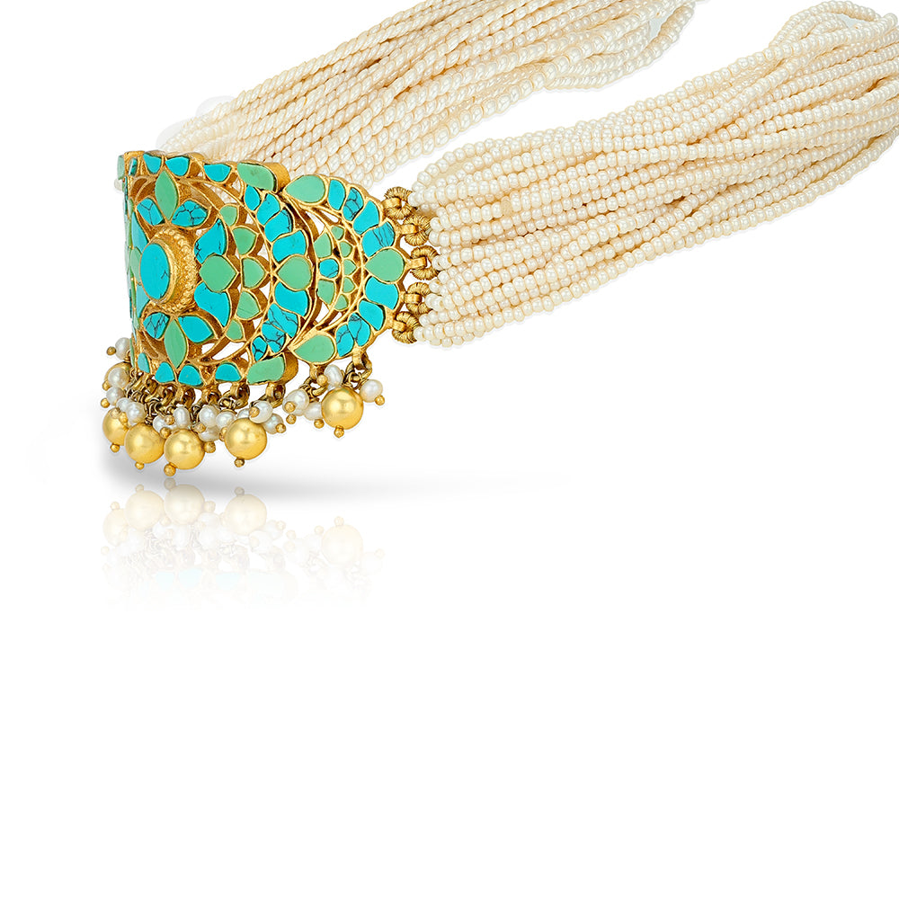 Turquoise Floral Kundan 925 Sterling Silver Pearl Necklace