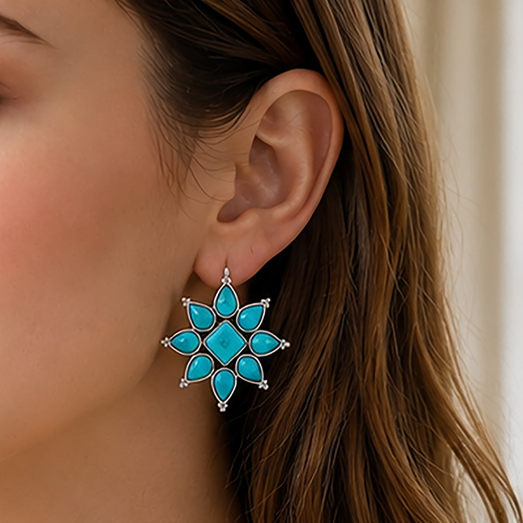 Turquoise Oxidized Silver Starburst Stud Earrings