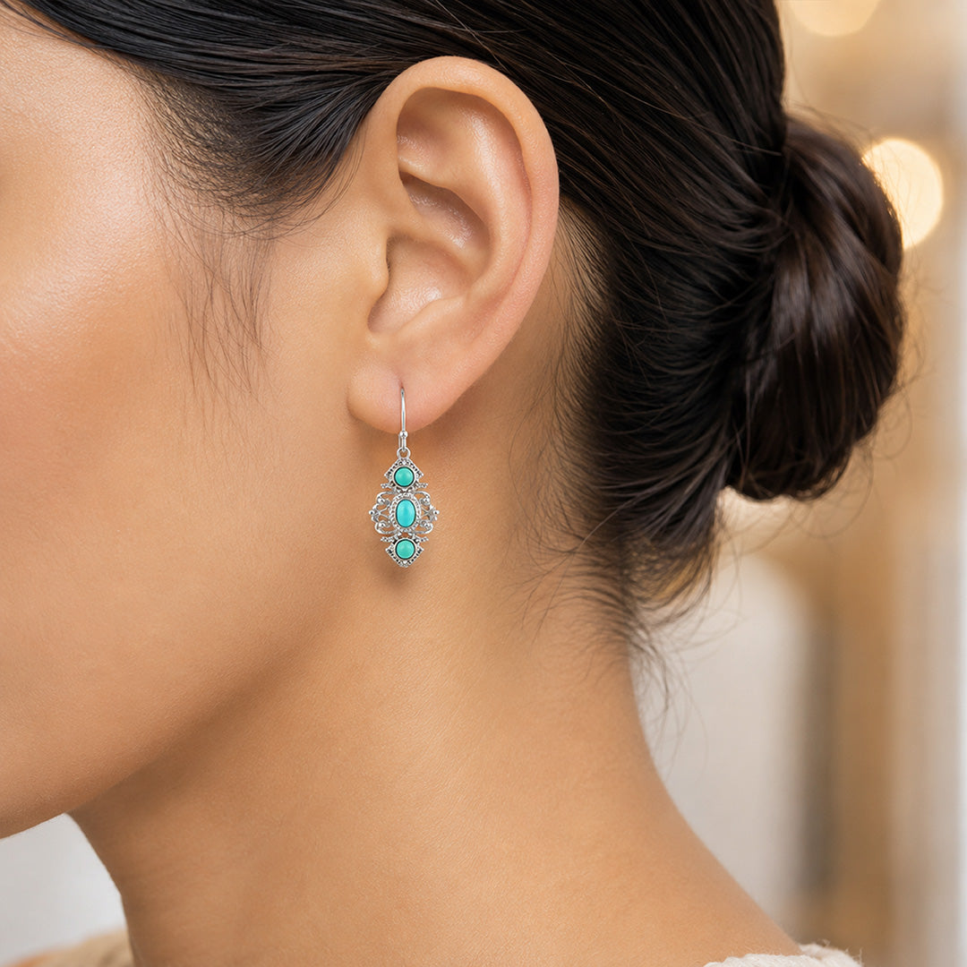 Turquoise Tribal Drop 925 Sterling Silver Earrings