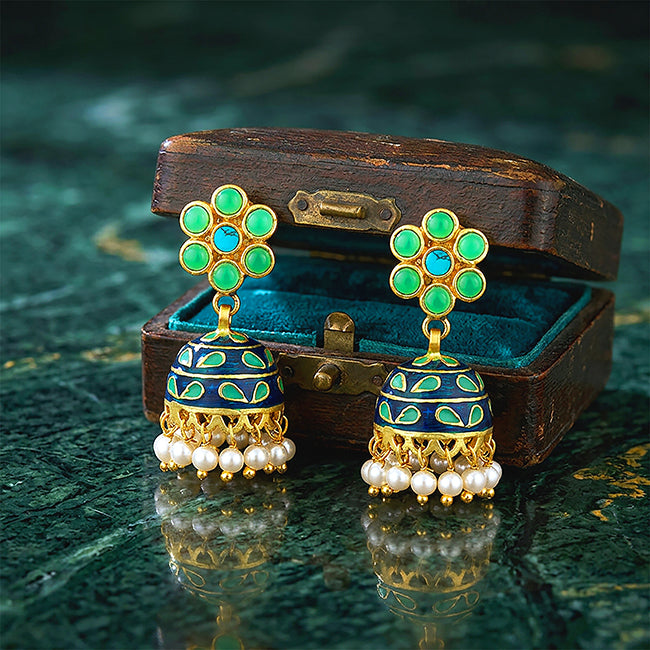 Turquoise Dome 925 Sterling Silver Pearl Jhumka Earrings
