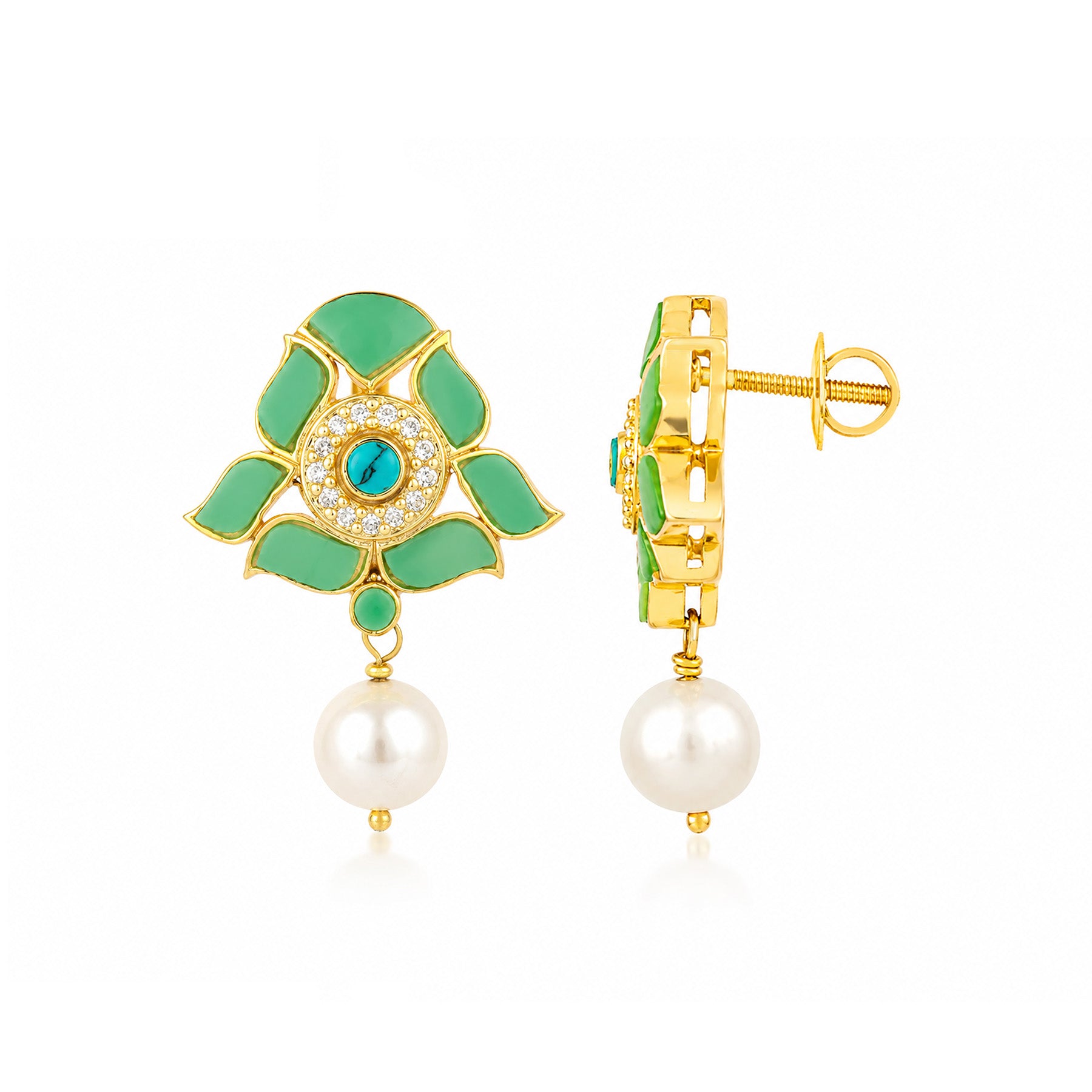 Turquoise Halo 925 Sterling Silver Pearl Drop Earrings