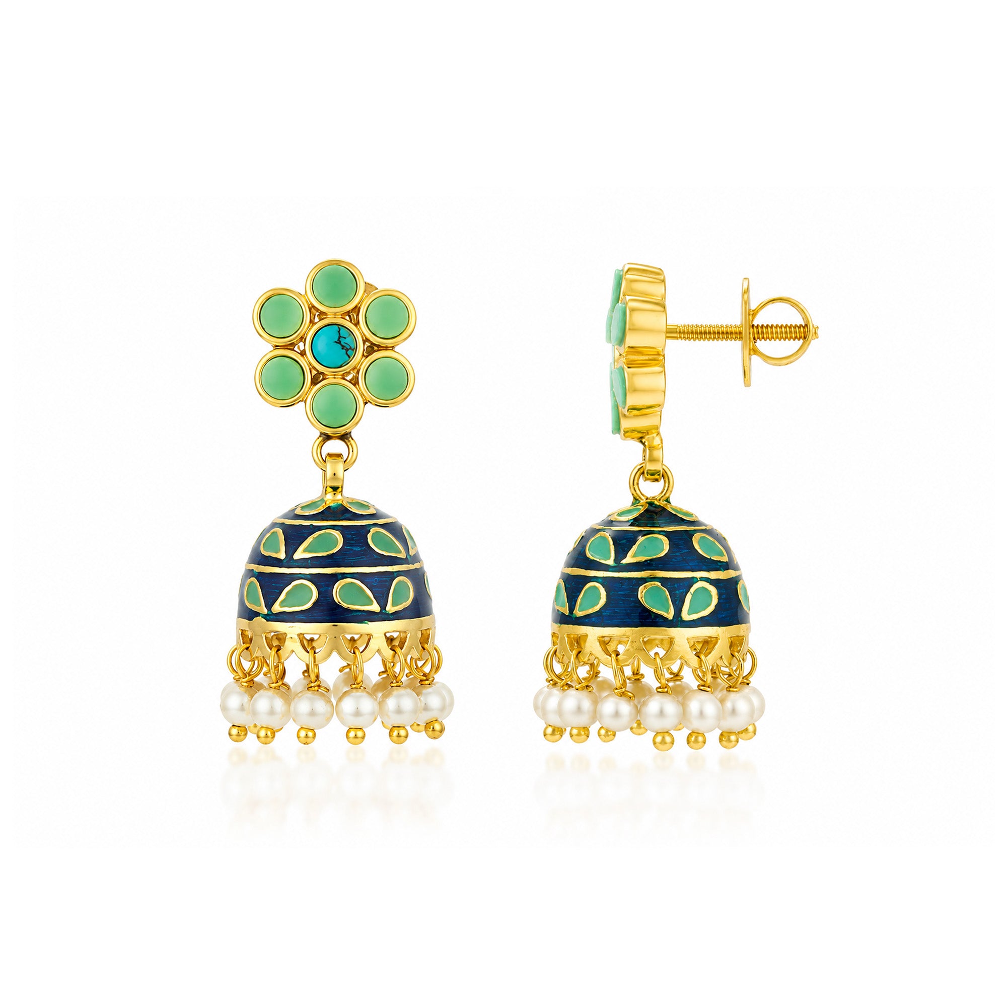 Turquoise Jhumka 925 Sterling Silver Pearl Drop Earrings