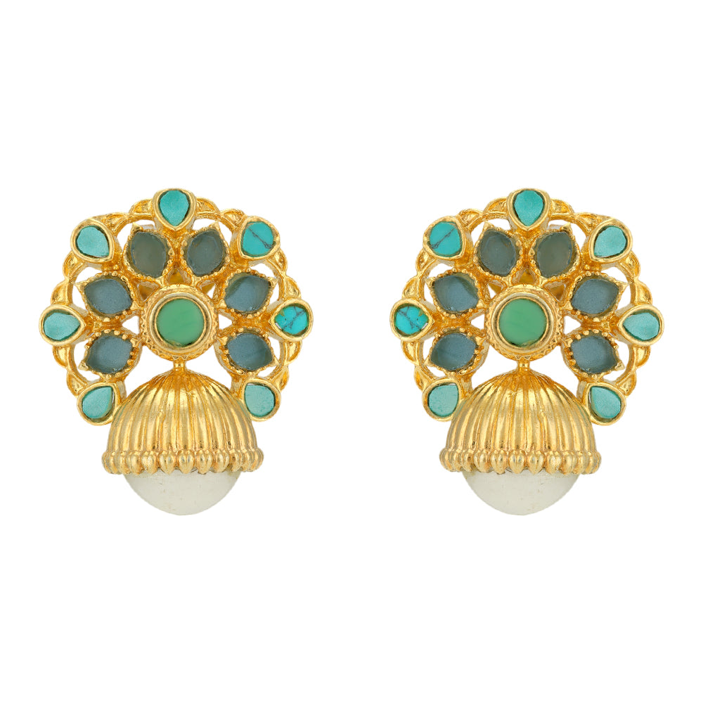 Turquoise Stoned Pearl Dangler Gold Plated 925 Earrings