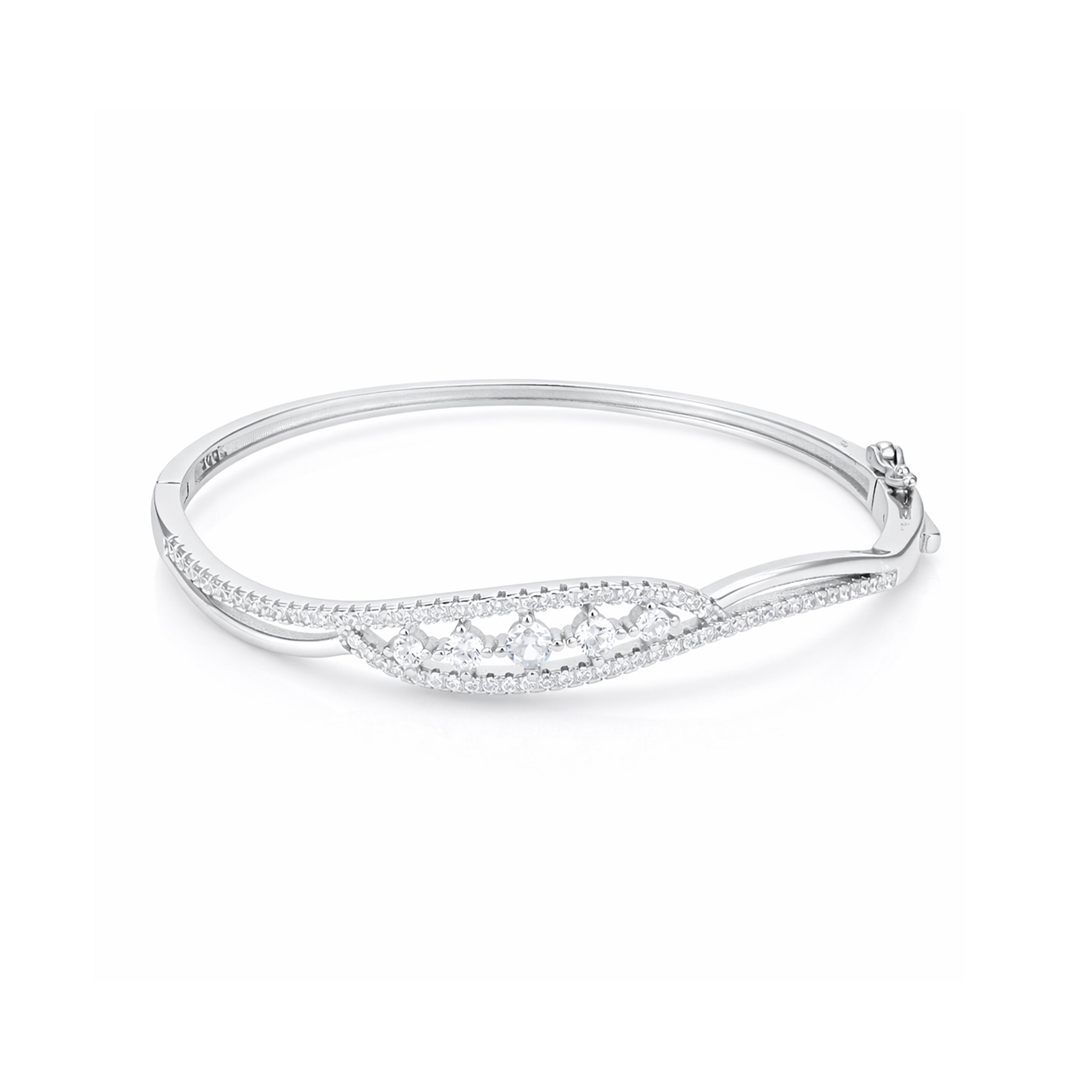 Silver bracelet with diamond accents on a white background
