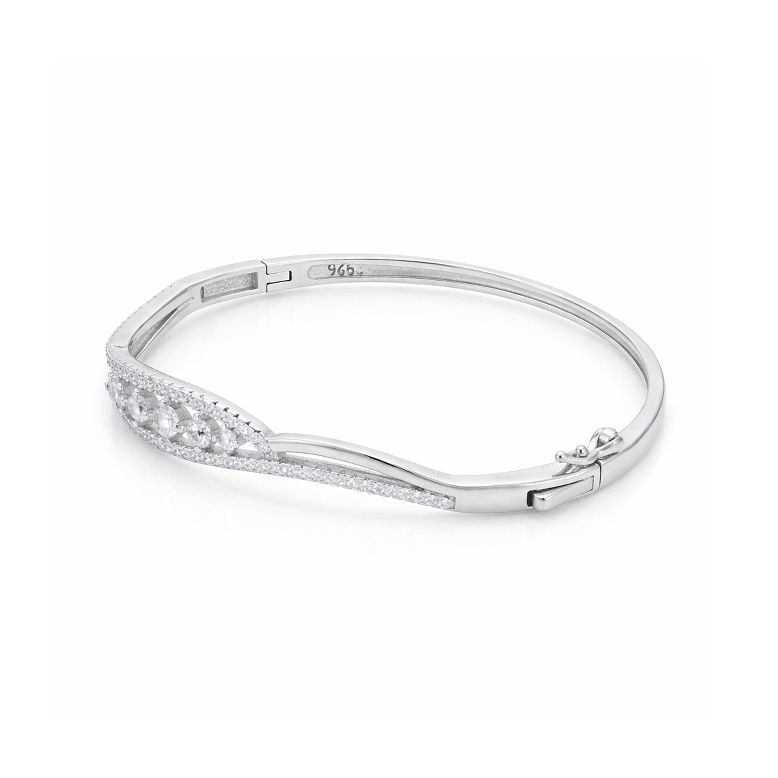 Silver bracelet with floral design on a white background
