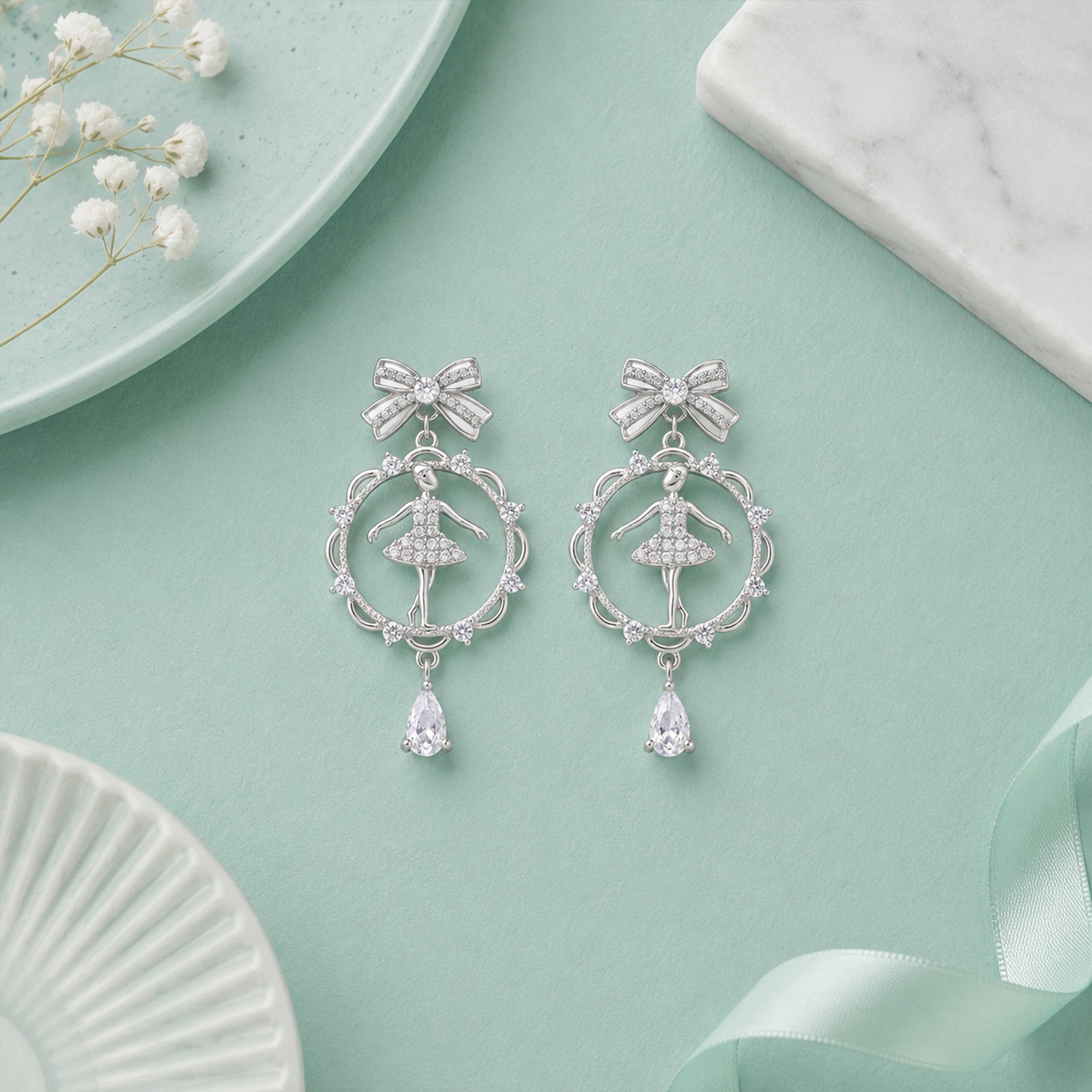 Twinkling Ballet Bow 925 Sterling Silver Earring