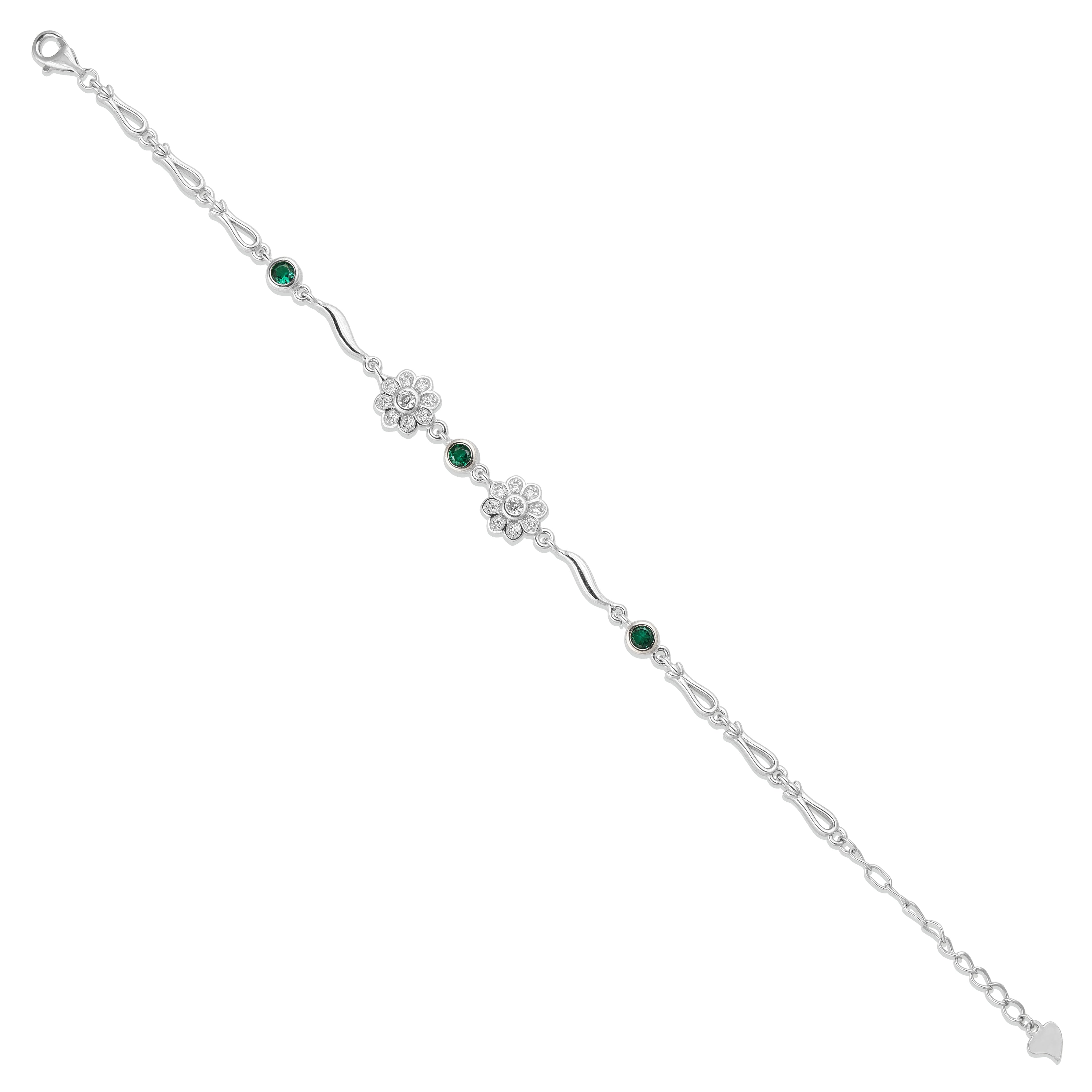 Silver bracelet with green gemstones on a white background