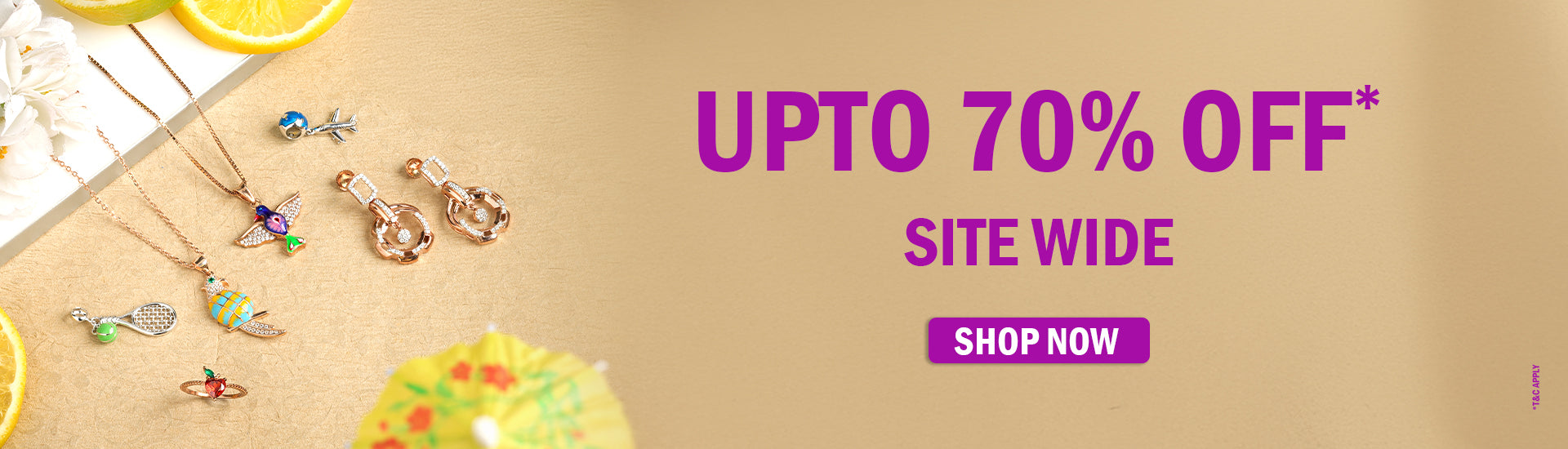 Promotional banner with jewelry on a beige background and text indicating a discount offer.