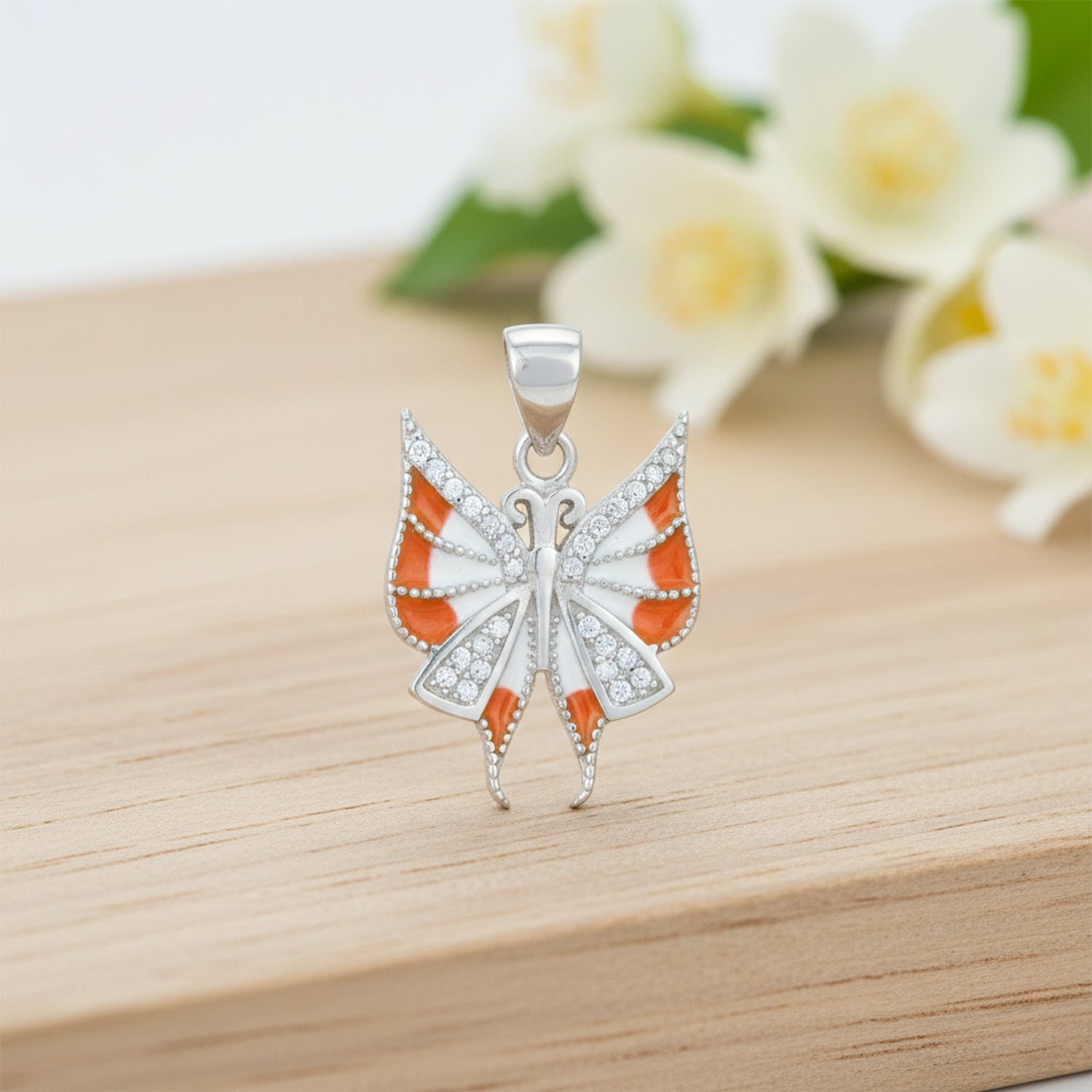 Vibrant Orange Enamel Butterfly Charm 925 Sterling Silver Pendant for women