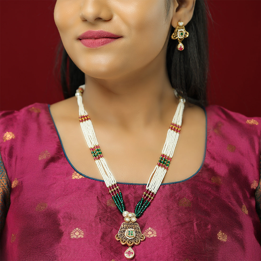 Vibrant Tri Colour Beads 925 Chic Centre Pendant Haram