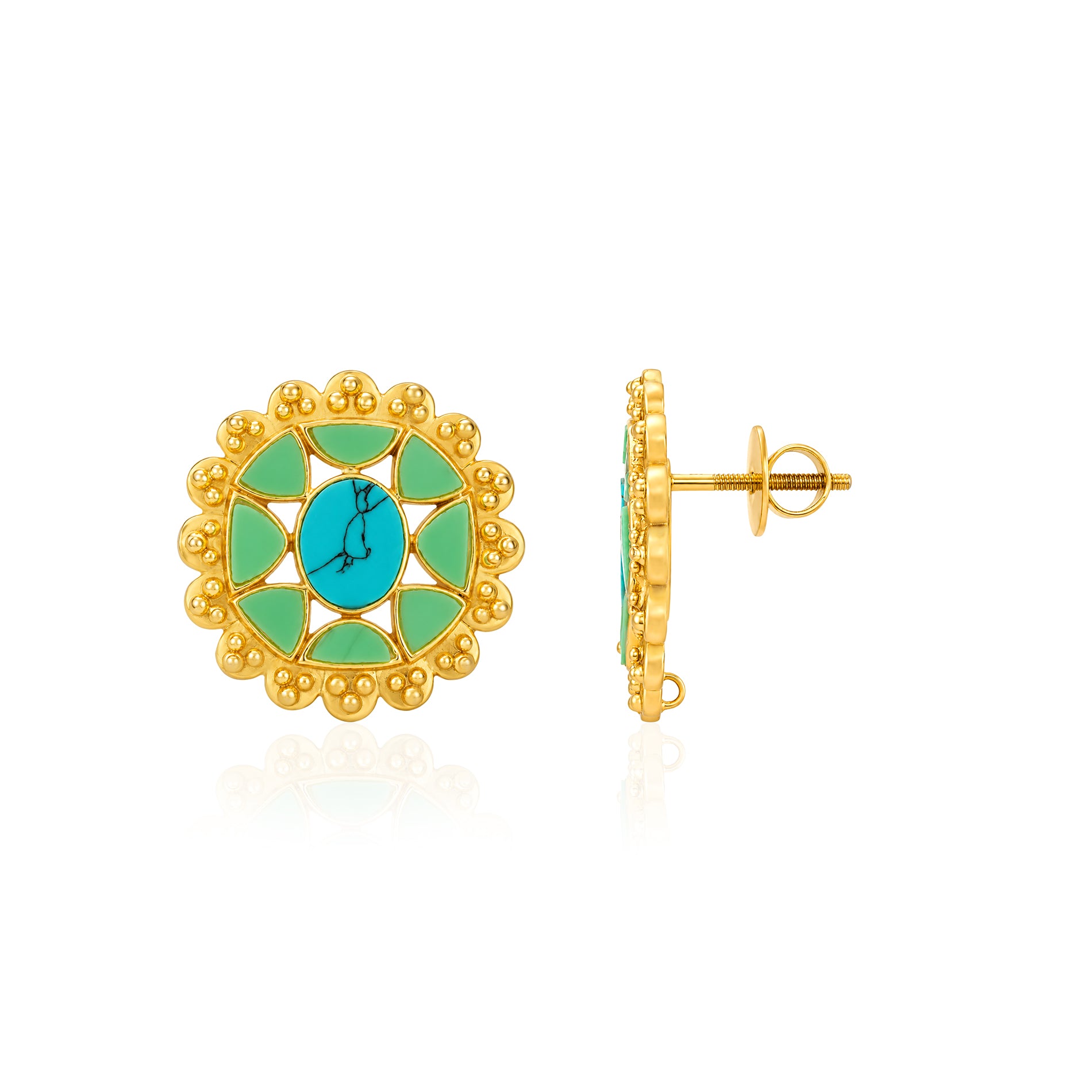Vintage Gold Floral Turquoise Enamel Stud Earrings