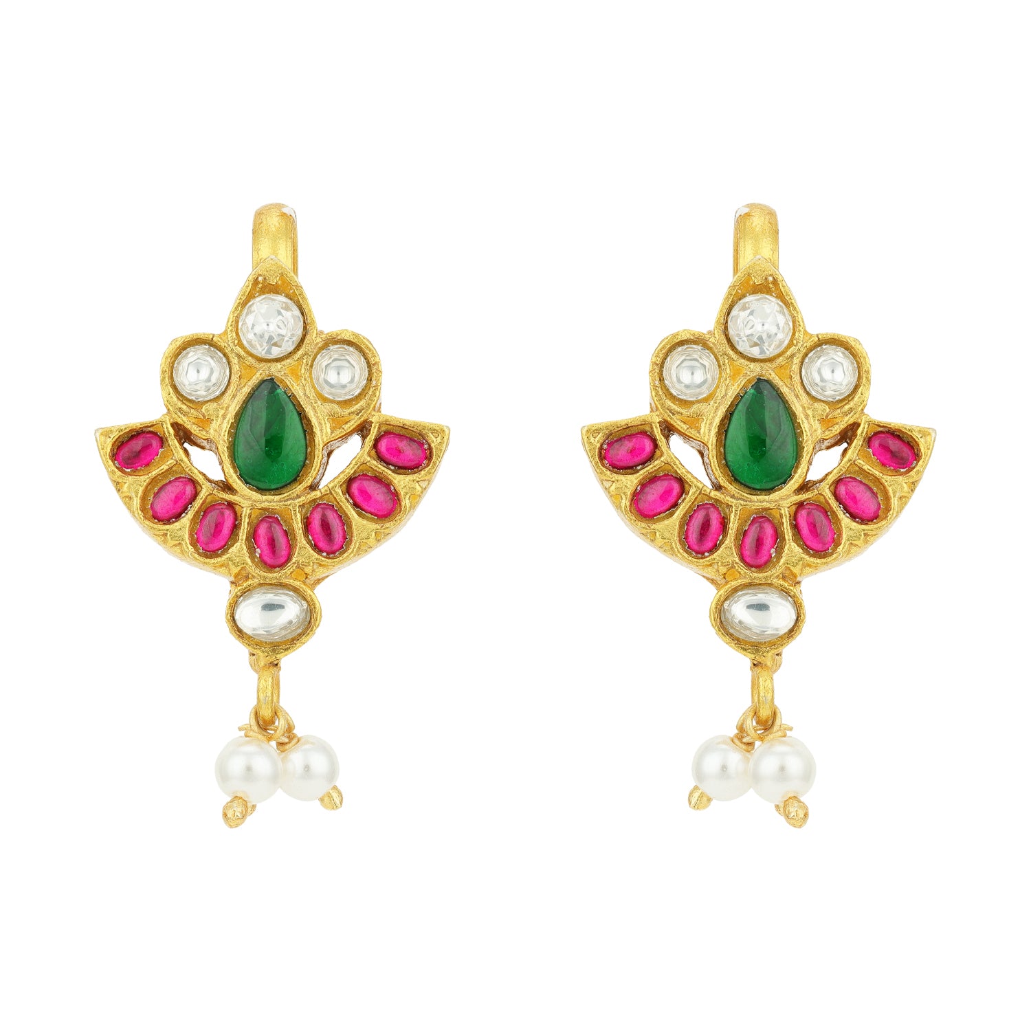 Vintage Gold Plated Green Teardrop Pink Stone Accent 925 Sterling Silver Pearl Drop Earring for Women