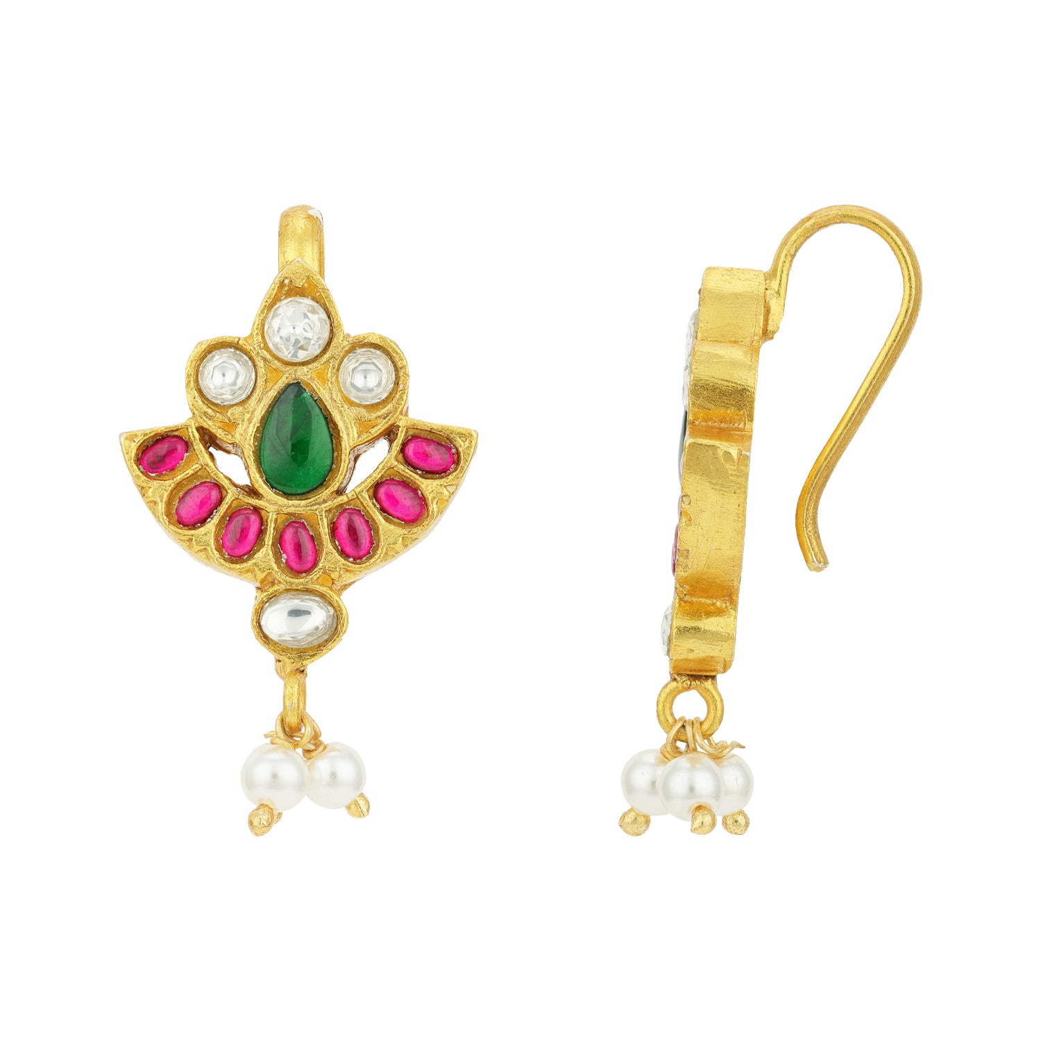 Vintage Gold Plated Green Teardrop Pink Stone Accent 925 Sterling Silver Pearl Drop Earring for Women