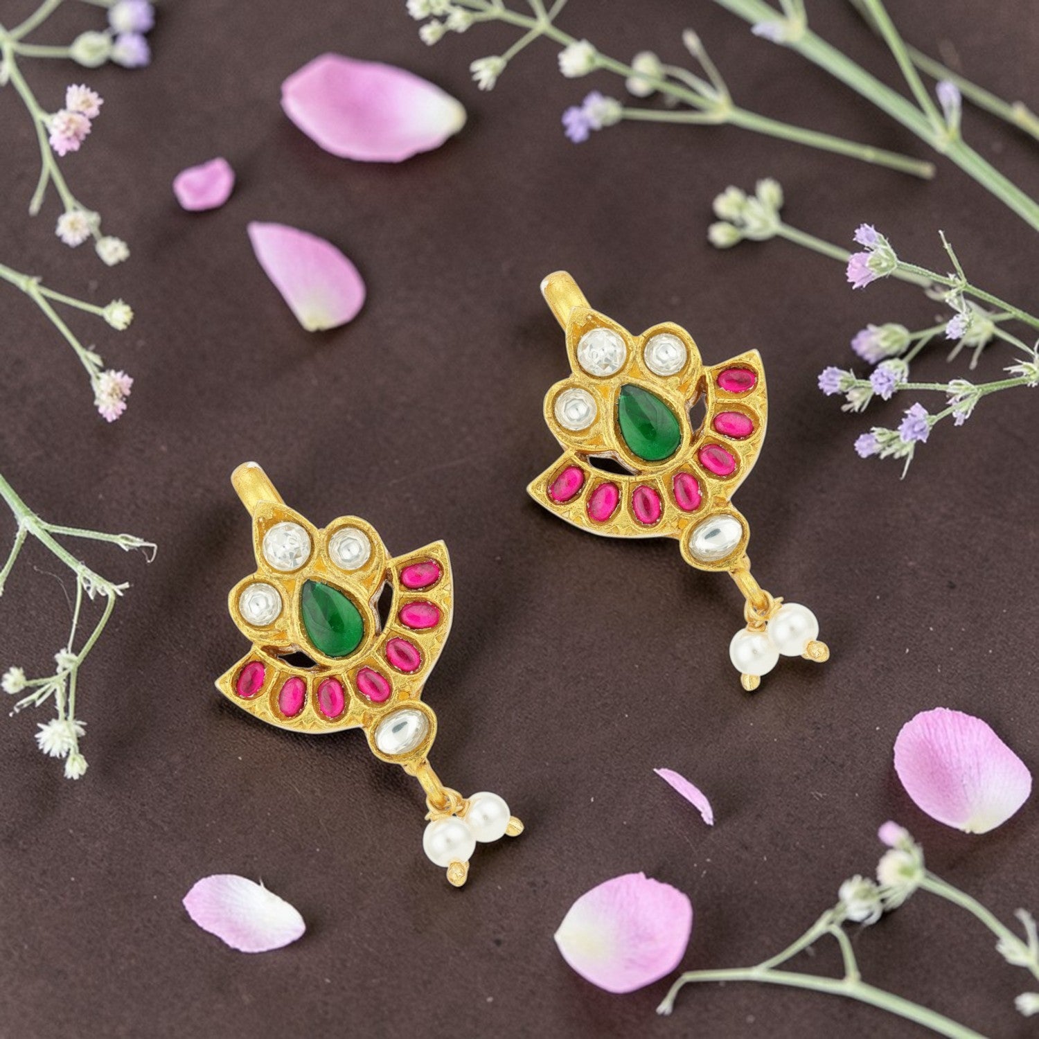 Vintage Gold Plated Green Teardrop Pink Stone Accent 925 Sterling Silver Pearl Drop Earring for Women