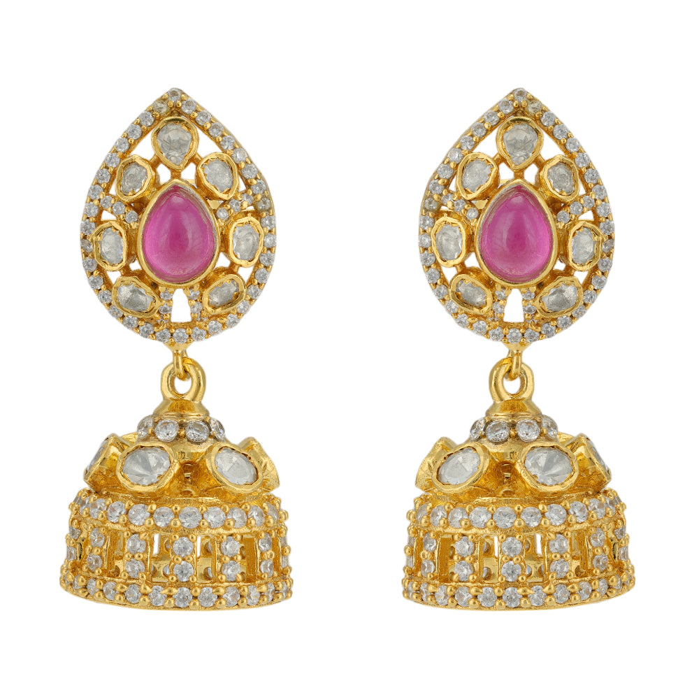 Vintage Pink Stone Polki Jhumka 925 Earrings