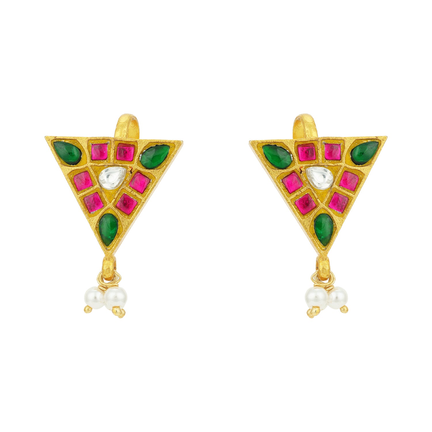 Vintage Triangle Pink Green Stone 925 Sterling Silver Pearl Drop Gold Plated Bugadi Earrings for Women
