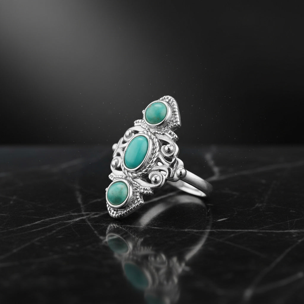 Vintage Triple Turquoise Ornate 925 Sterling Silver Ring for Women