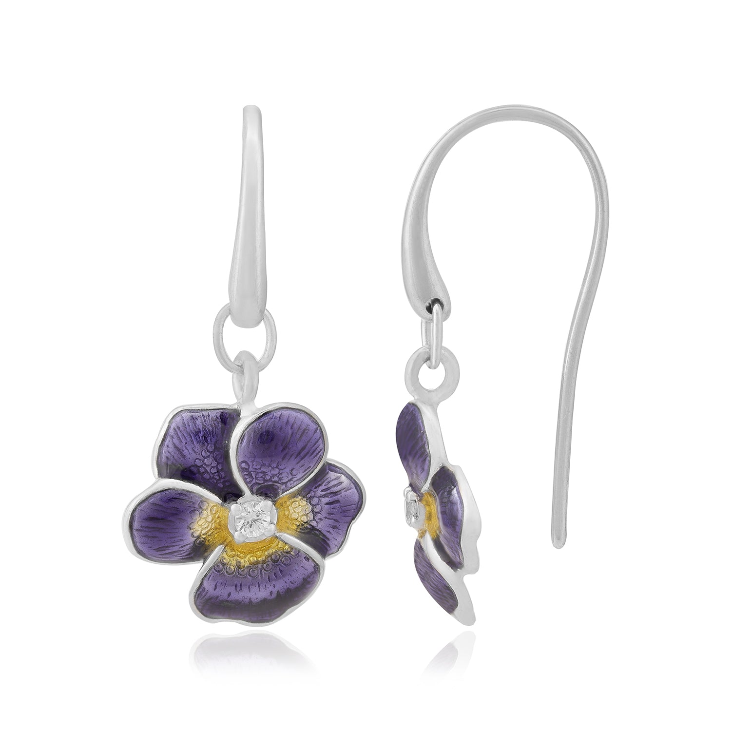 Violet Pansy Flower 925 Rhodium Plated Sterling Silver Earrings