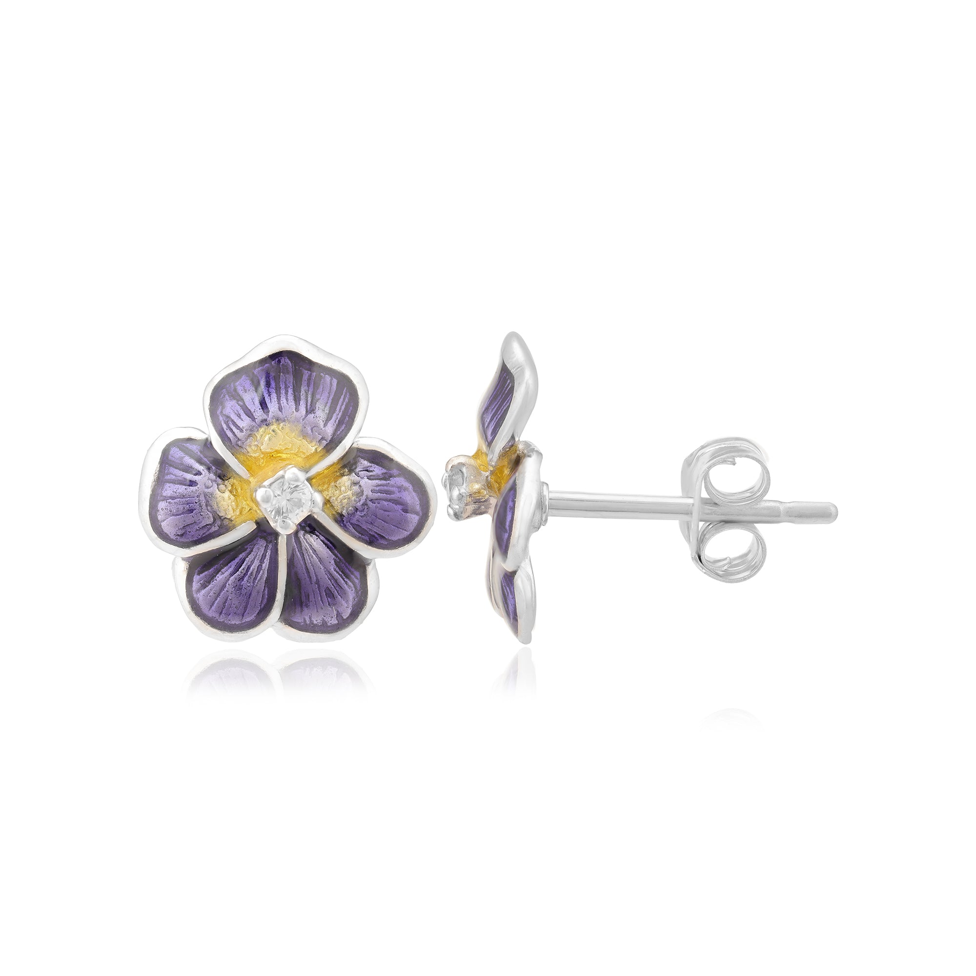 Violet Pansy Flower 925 Rhodium Plated Sterling Silver Studs