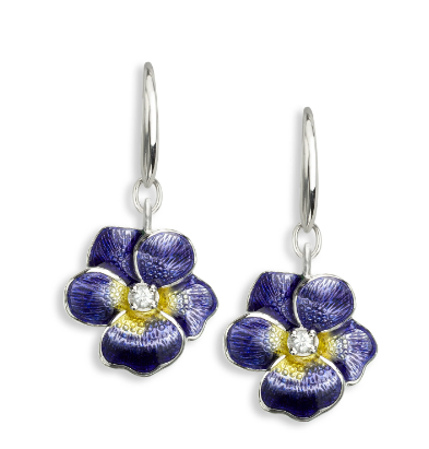 Violet Pansy Flower Rhodium Plated 925 Sterling Silver Earrings