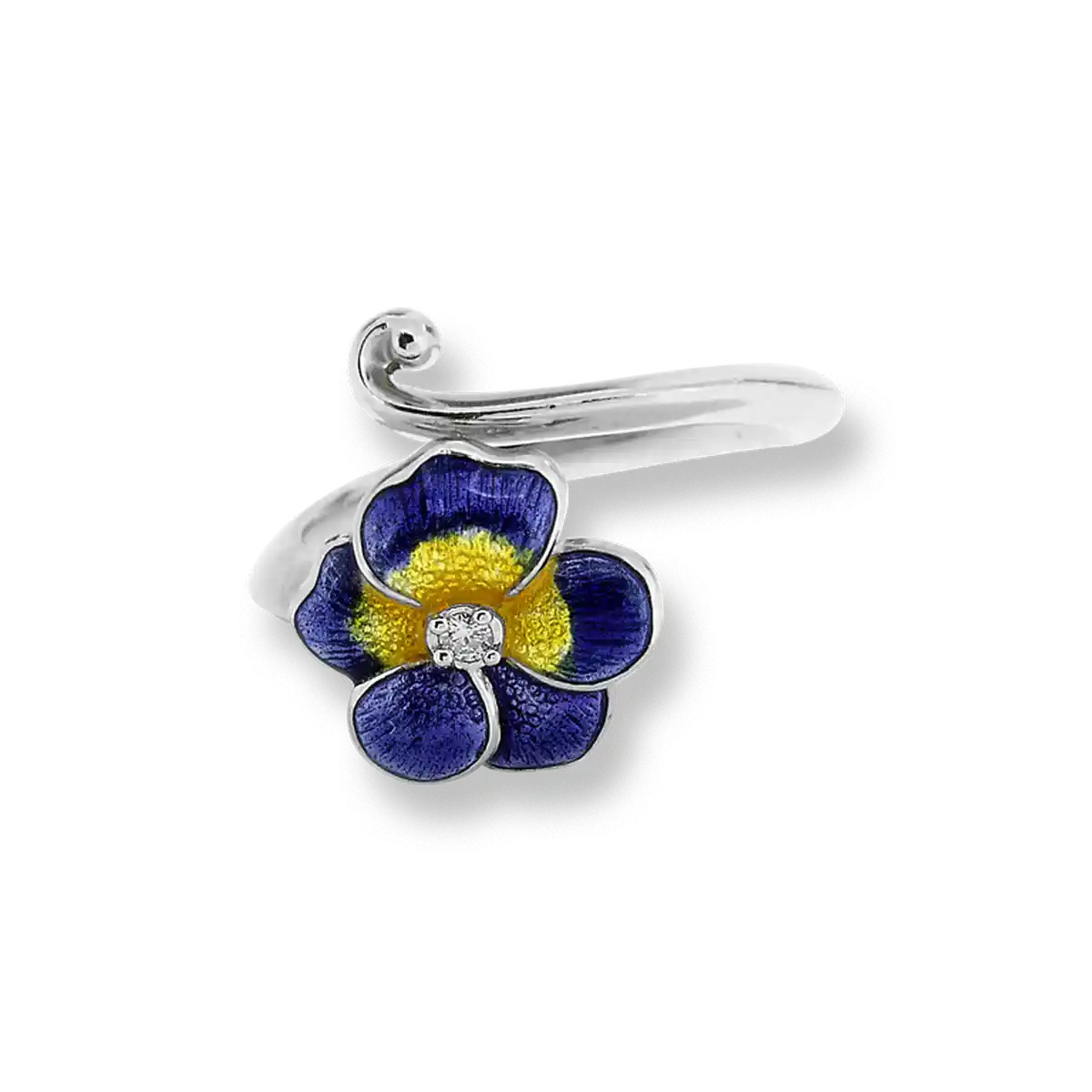 Violet Pansy Flower Rhodium Plated Silver Rings