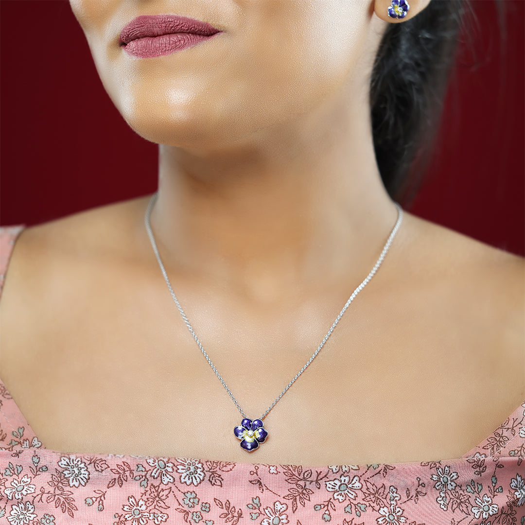 Violet Pansy Rhodium Plated 925 Sterling Silver Flower Chain Pendants