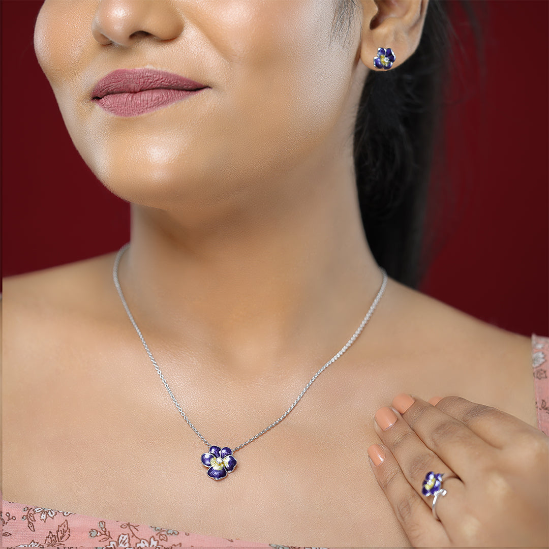 Violet Pansy Rhodium Plated 925 Sterling Silver Flower Chain Pendants Modal