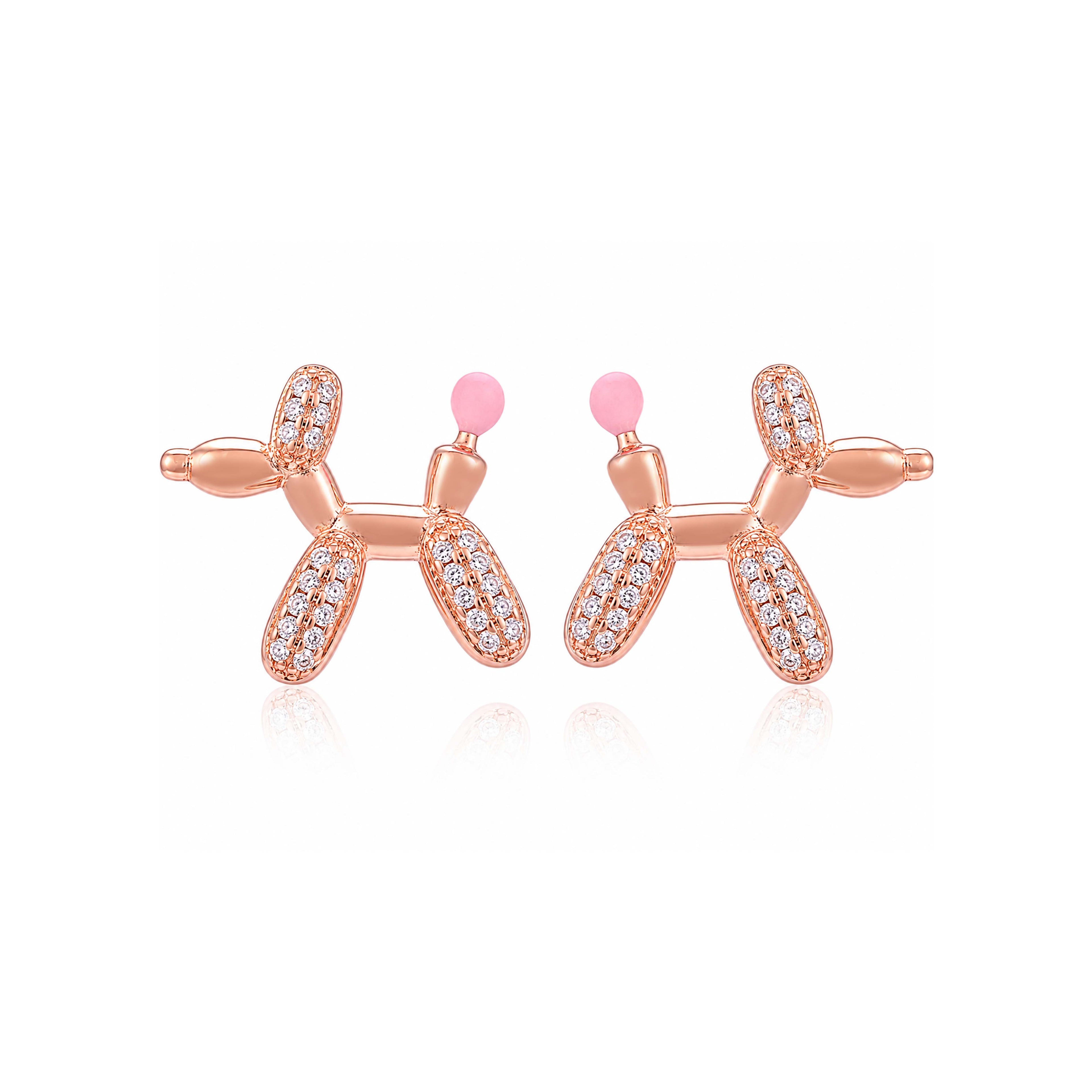 Whimsical Balloon Dog Crystal Rose Gold Designer Earrings