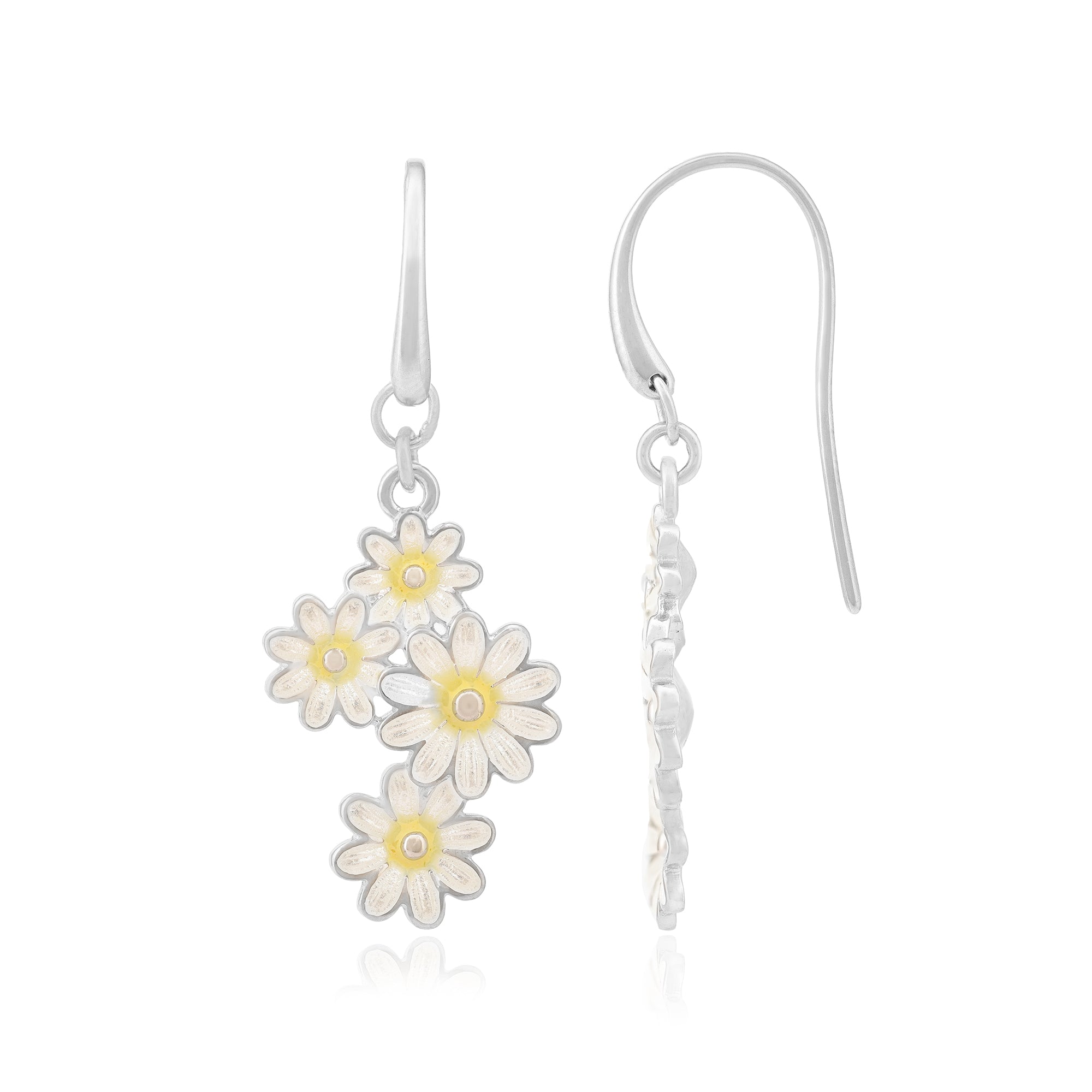 White Daisy Bouquet 925 Rhodium Plated Hook Earrings