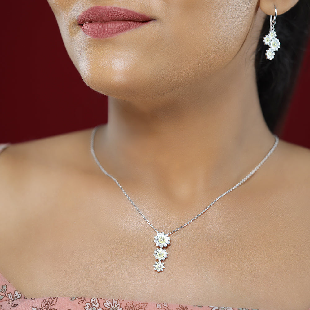 White Daisy Cascade Rhodium Plated Chain Pendants
